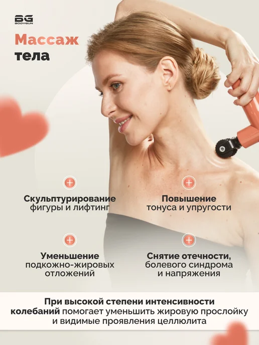 BODYGUN Перкуссионный массажер для лица, головы и тела, 5 насадок, розовый, фото 8