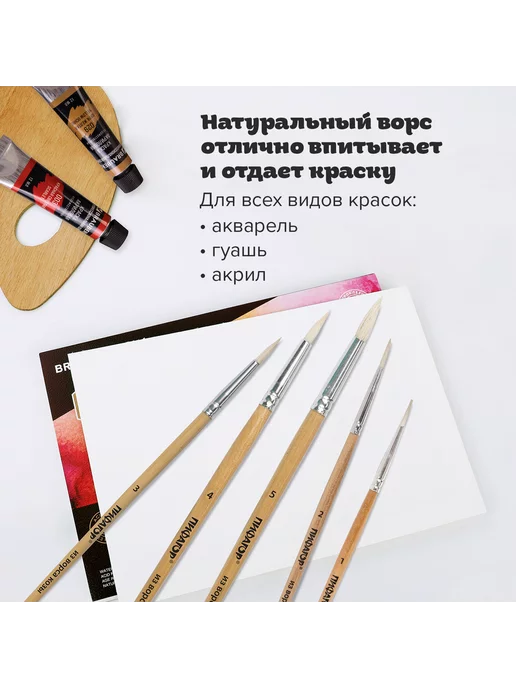 Пифагор Кисти рисования набор 5 шт. коза круглые № 1, 2, 3, 4, 5, 5 шт, фото 5