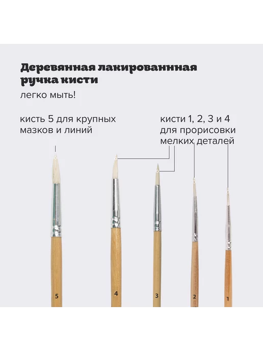 Пифагор Кисти рисования набор 5 шт. коза круглые № 1, 2, 3, 4, 5, 5 шт, фото 7