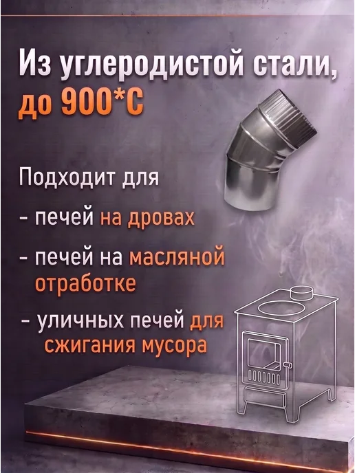 Печные Отвод дымохода 100мм 45* (для буржуек), 100мм 45, фото 2