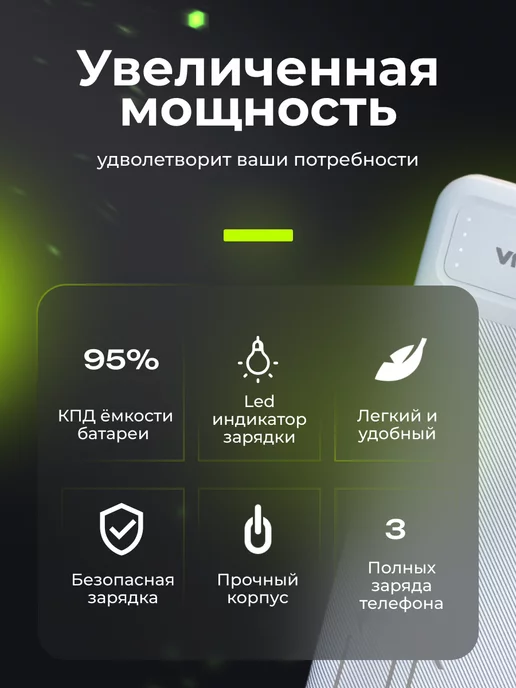 Vdenmenv Повербанк 10000 для телефона андроид внешний аккумулятор, белый, фото 3