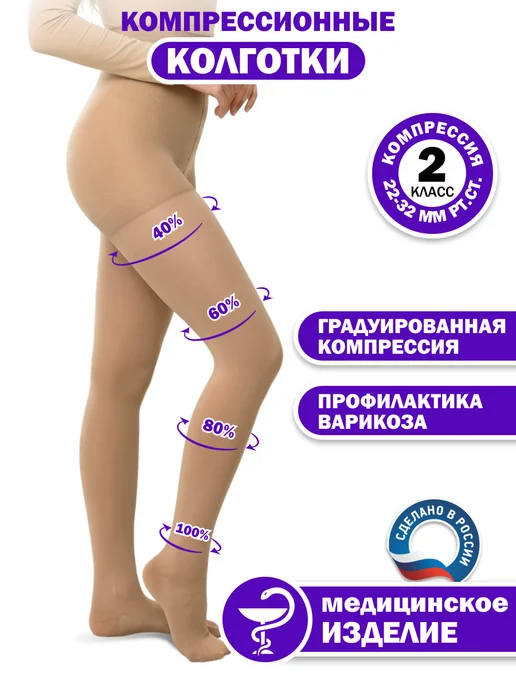 Trives Компрессионные колготки 2 класс от варикоза женские, бежевый