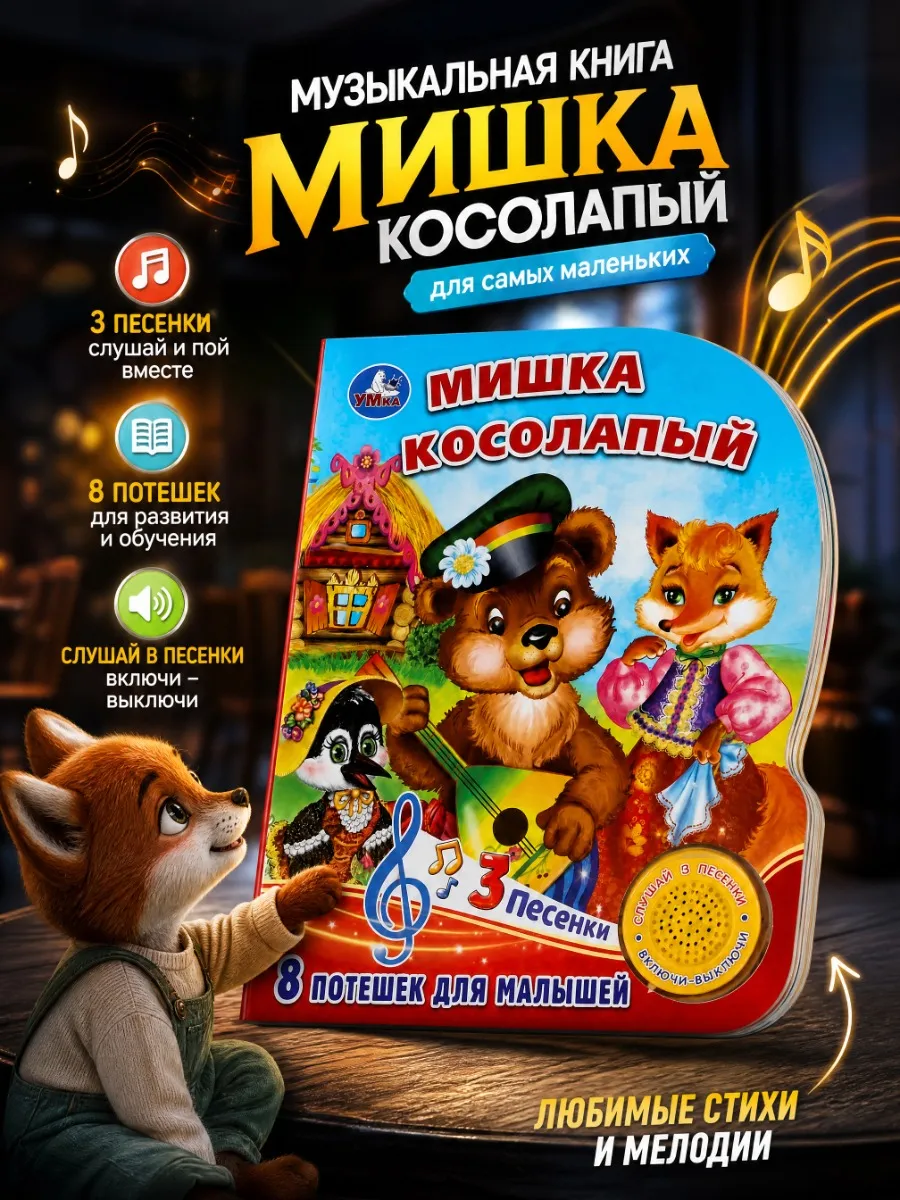 Музыкальная книжка для малышей потешки картонная развивающая