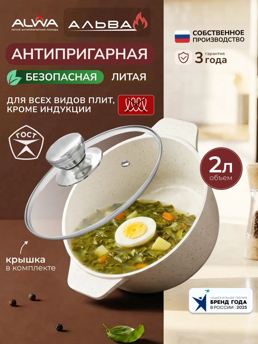 Кастрюля 2 л с крышкой антипригарная маленькая Казан литой