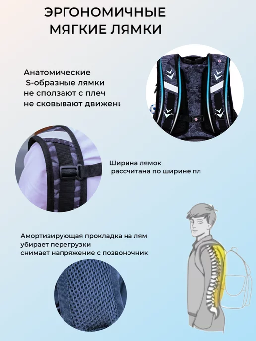 0лИн Портфель для мальчика школьный каркасный ортопедический, черный, фото 8
