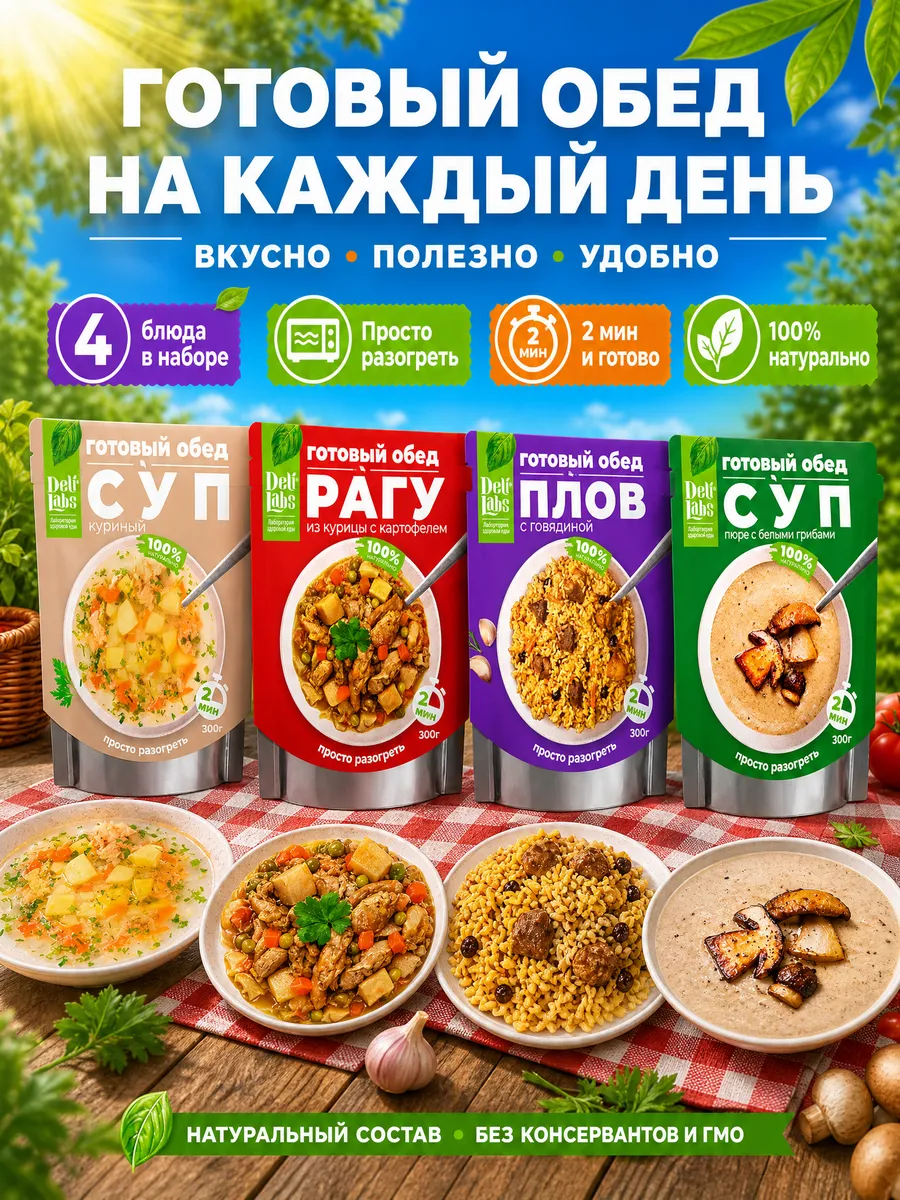 Набор готовой еды в пакетах быстрого приготовления в поезд
