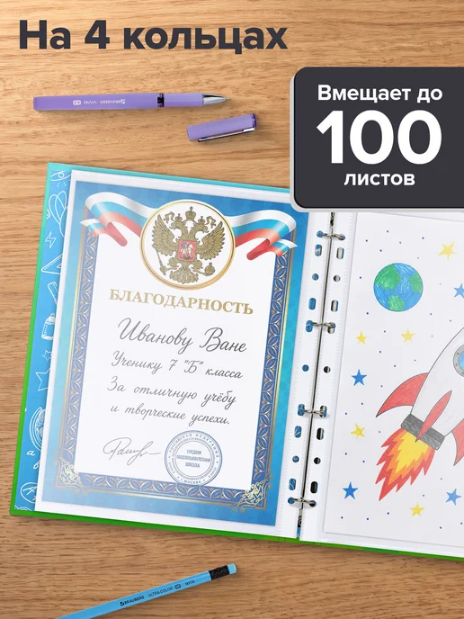 Brauberg Портфолио школьника, папка А4 на кольцах мальчику, 20 файлов, синий, фото 2