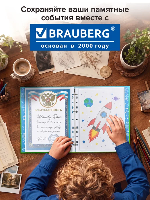 Brauberg Портфолио школьника, папка А4 на кольцах мальчику, 20 файлов, синий, фото 7