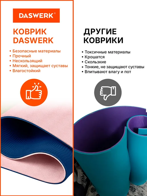 DASWERK Коврик для йоги и фитнеса нескользящий, синий, фото 7