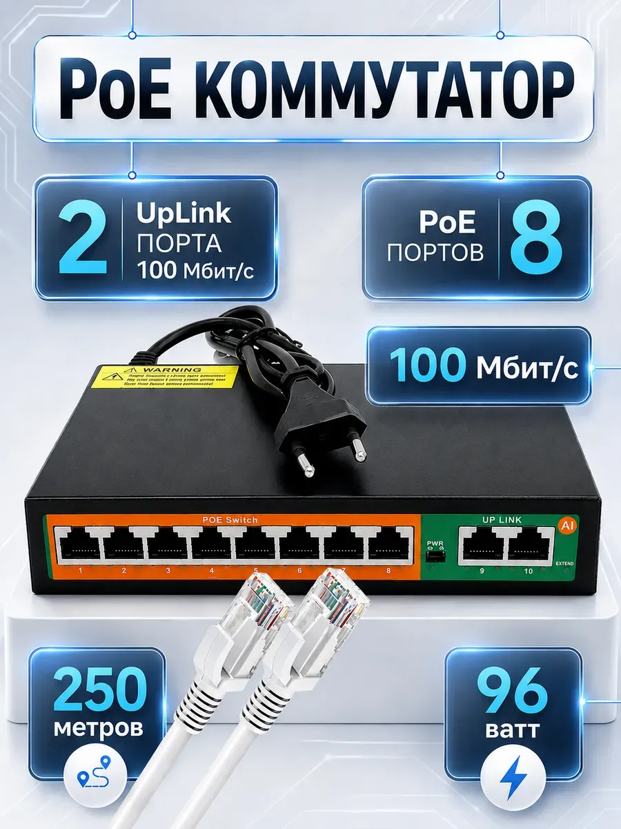 PoE коммутатор 8 портов POE 2 uplink 100mbit 802.3 af at