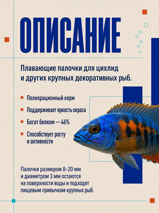 Корм для рыбок аквариумных цихлид палочки,100гр, 100 г, фото 2