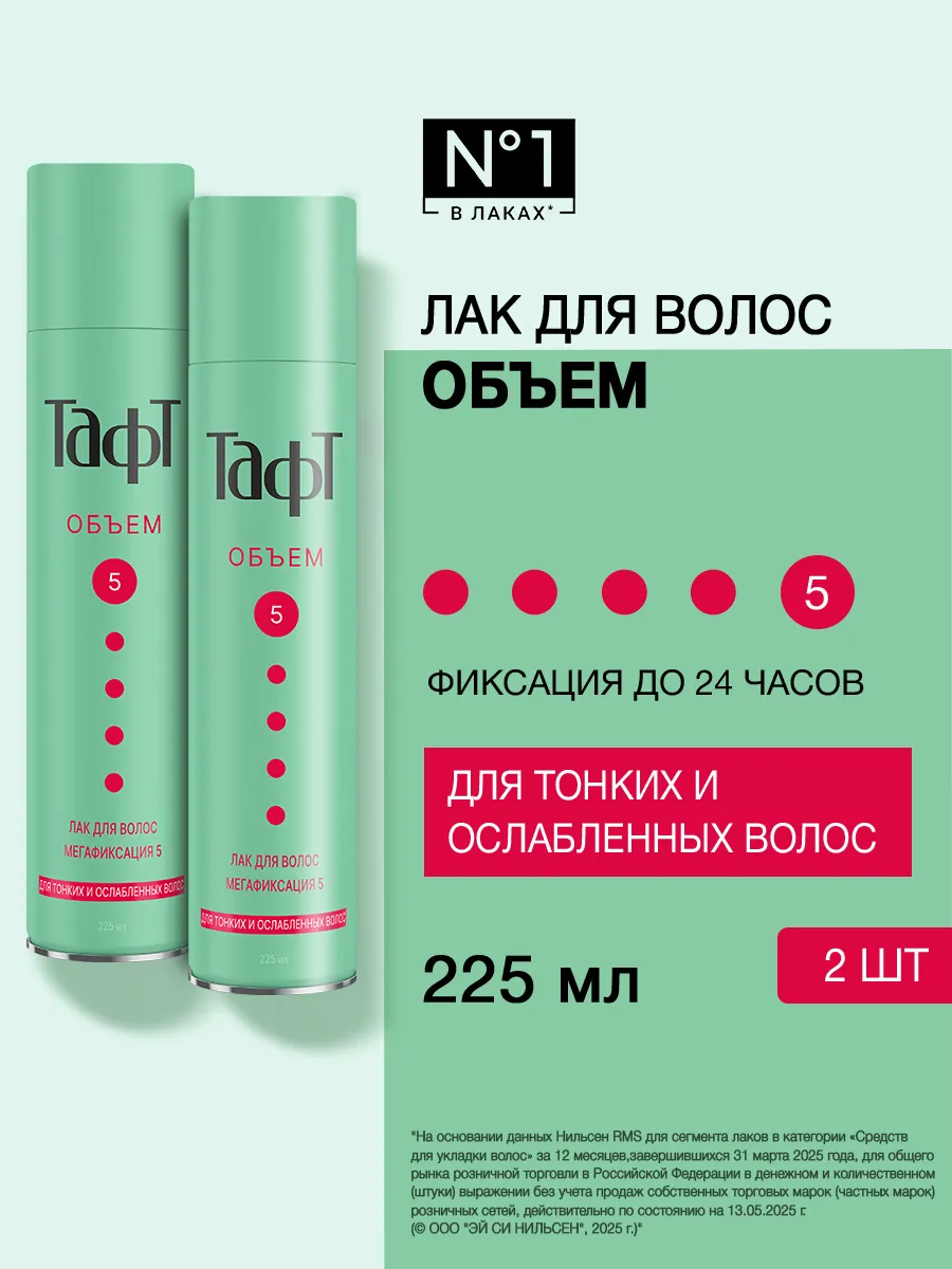 Лак для волос Объем, мегафиксация 5, набор 225 мл х 2 шт