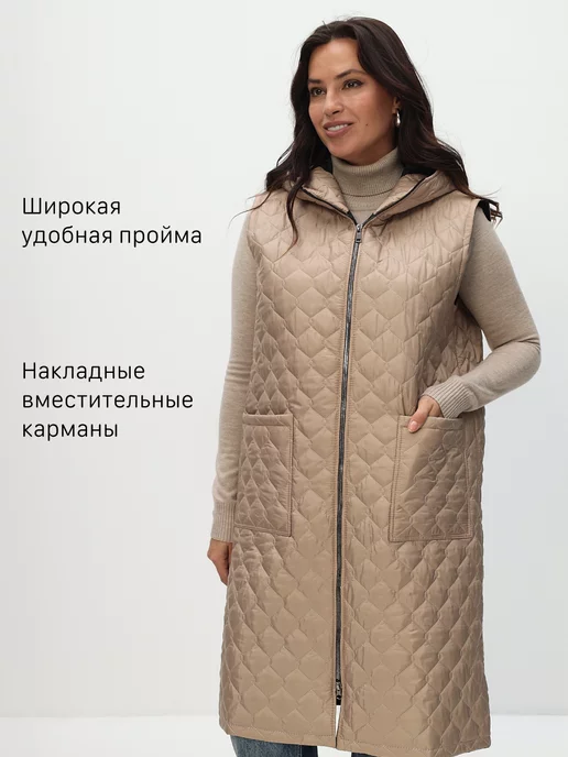 KEYEM Жилетка женская длинная утепленная с капюшоном весна, бежевый, фото 3
