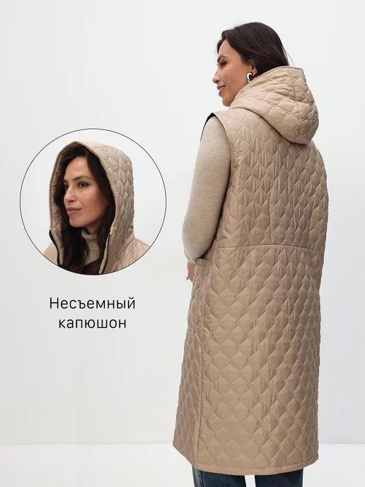 KEYEM Жилетка женская длинная утепленная с капюшоном весна, бежевый, фото 4
