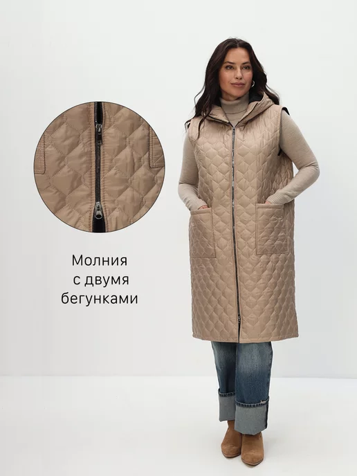 KEYEM Жилетка женская длинная утепленная с капюшоном весна, бежевый, фото 6