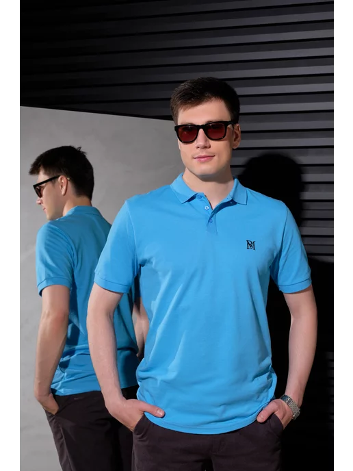 BLOSSOM MEN'S Футболка поло хлопок однотонная с коротким рукавом, голубой, фото 5