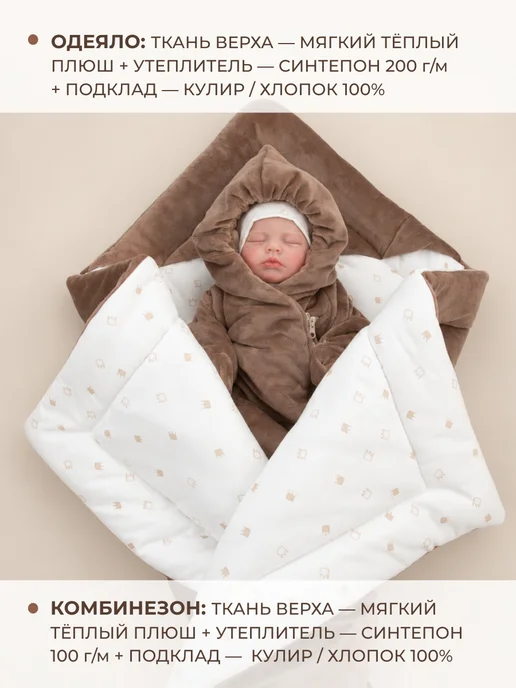 KiDi Комплект на выписку зимний с теплым одеялом и комбинезоном, коричневый, фото 3
