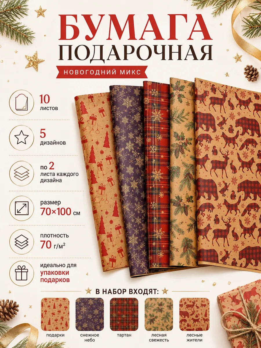 Упаковочная бумага крафт для подарков новогодняя набор
