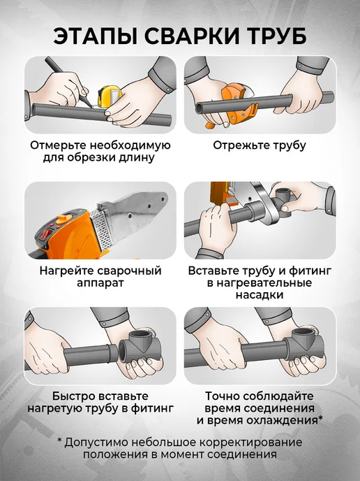 ВАРТЕХ Паяльник для пластиковых труб с насадками, оранжевый, фото 6