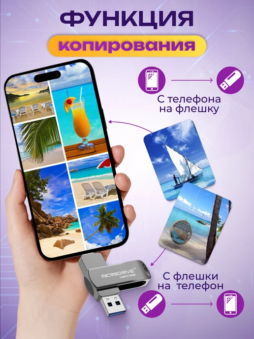 MICRODRIVE Флешка для iPhone Android и ноутбука 256 Гб USB накопитель, 256 ГБ, фото 2