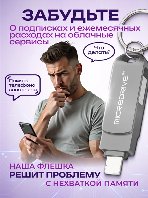 MICRODRIVE Флешка для iPhone Android и ноутбука 256 Гб USB накопитель, 256 ГБ, фото 3