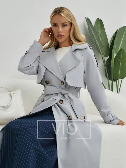 Vio Design Тренч плащ длинный с поясом, голубой, фото 2