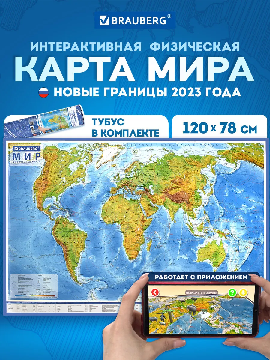 Карта мира настенная физическая интерактивная 120х78 см