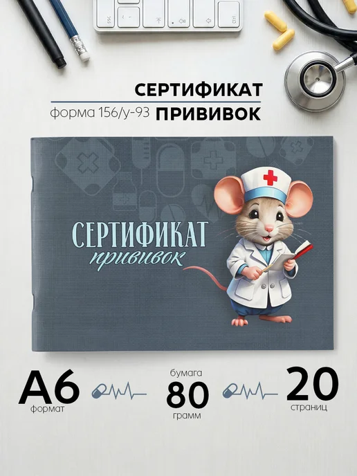 Фотокнига34 Сертификат прививок для детей А6 в школу садик, серый