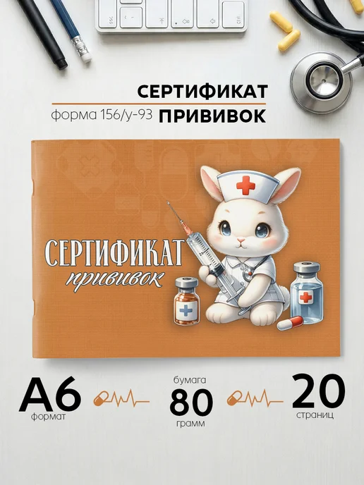 Фотокнига34 Сертификат прививок для детей А6 в школу садик, оранжевый