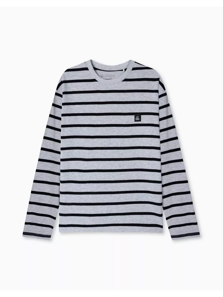 Серый лонгслив oversize в полоску с лейблом