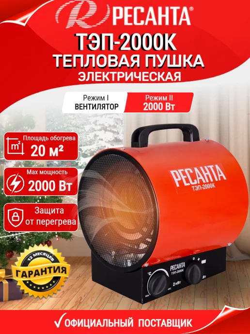 РЕСАНТА Тепловая пушка электрическая для дома ТЭП-2000К, черный