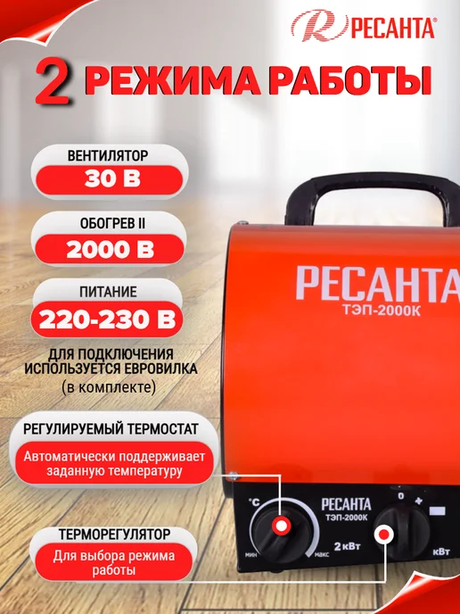 РЕСАНТА Тепловая пушка электрическая для дома ТЭП-2000К, черный, фото 2