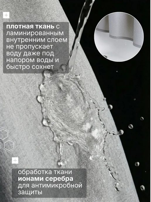 BYM Штора для ванной тканевая на люверсах серая 200х200 см, 180x180, фото 2