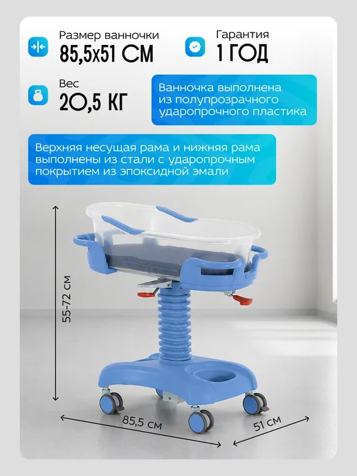 Med-Mos Кровать медицинская неонатальная с ванночкой кювезом матрас…, синий, фото 3