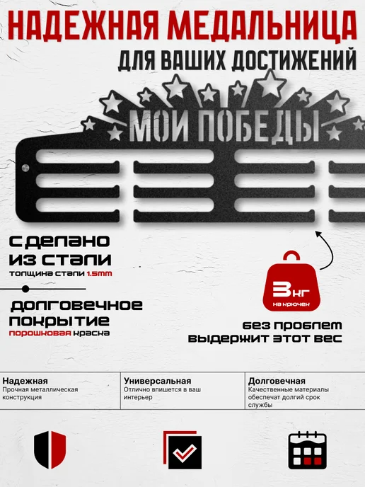 МОИ ПОБЕДЫ Медальница металлическая настенная 60см, черный, фото 6