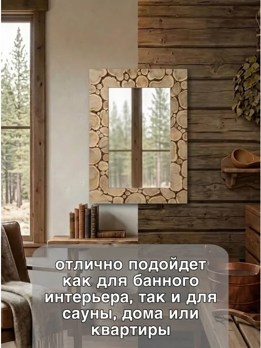 Люблю Баню Зеркало из спилов можжевельника 70х50 см (обрезанный край), 70x50 см, фото 7