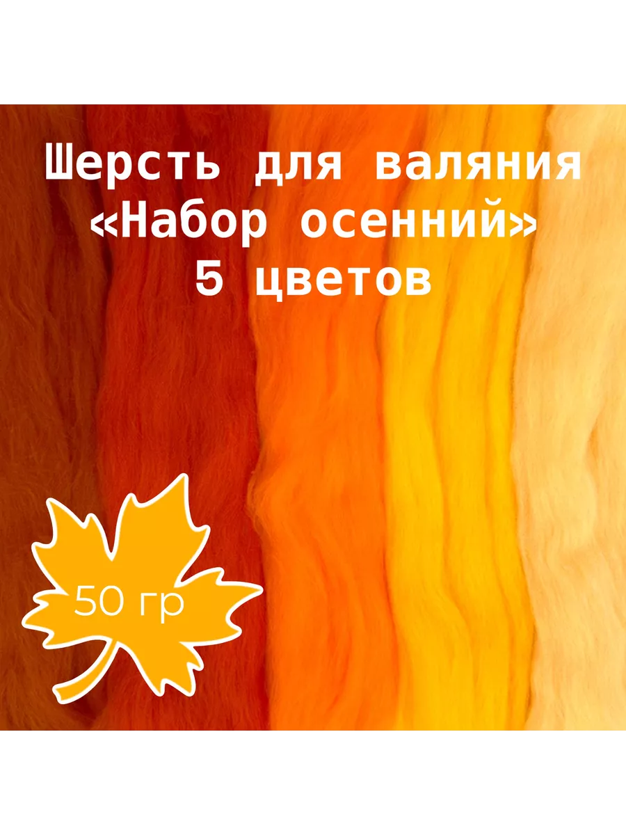 Шерсть натуральная для валяния "Набор осенний" 50гр. 5 цв.