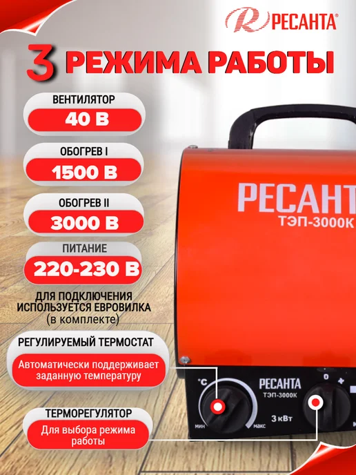 РЕСАНТА Электрическая тепловая пушка ТЭП-3000К, черный, фото 2