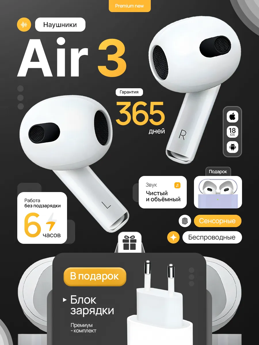 Наушники беспроводные с микрофоном копия AirPods 3