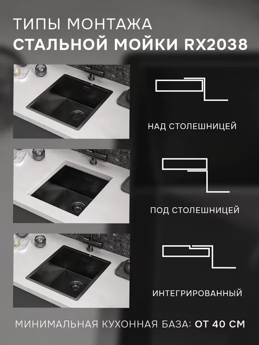 Reflexion Home Стальная мойка раковина кухонная с сифоном RX2038BL, серый, фото 2