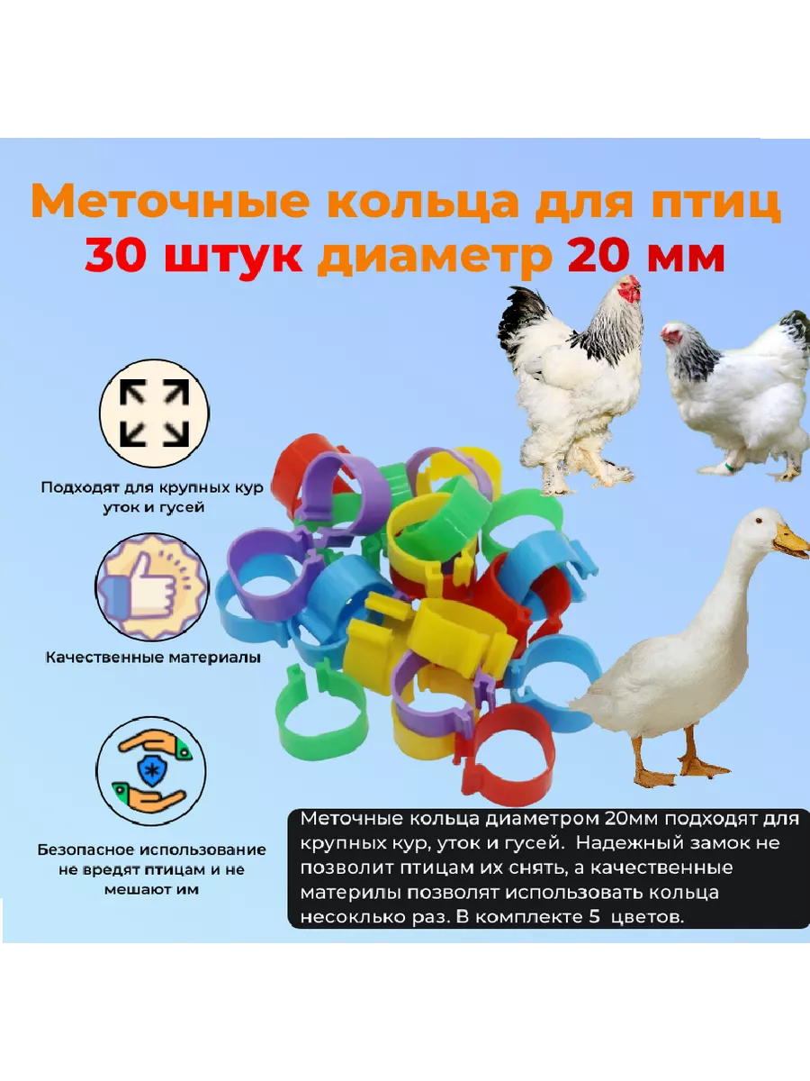 Меточные кольца для птиц 20 мм 30 штук разноцветные