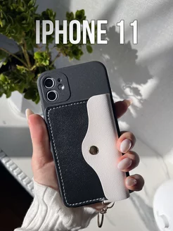 чехол на iphone 11 черный с кошельком и картхолдером