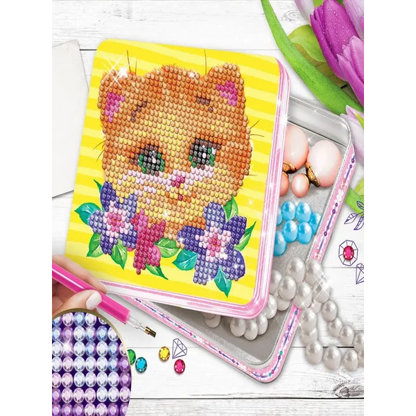 Алмазная мозаика на шкатулке "Котик", 14х14 см