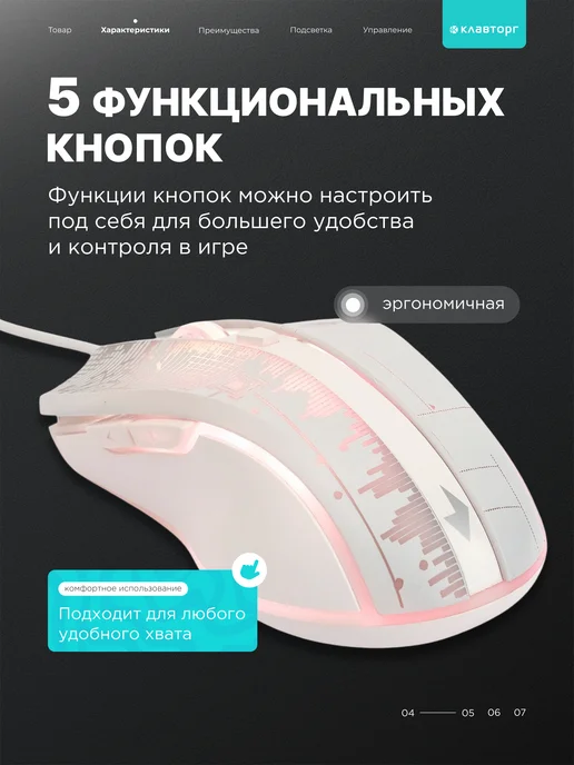 GEMBIRD Мышь компьютерная игровая с подсветкой тихая, белый, фото 4
