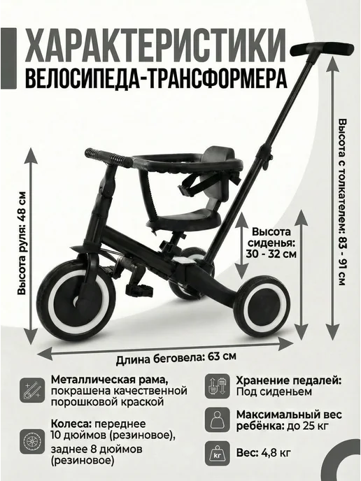 R-Wings Детский беговел-велосипед 8в1 с крышей и ручкой TR008C-BLACK, черный, фото 3