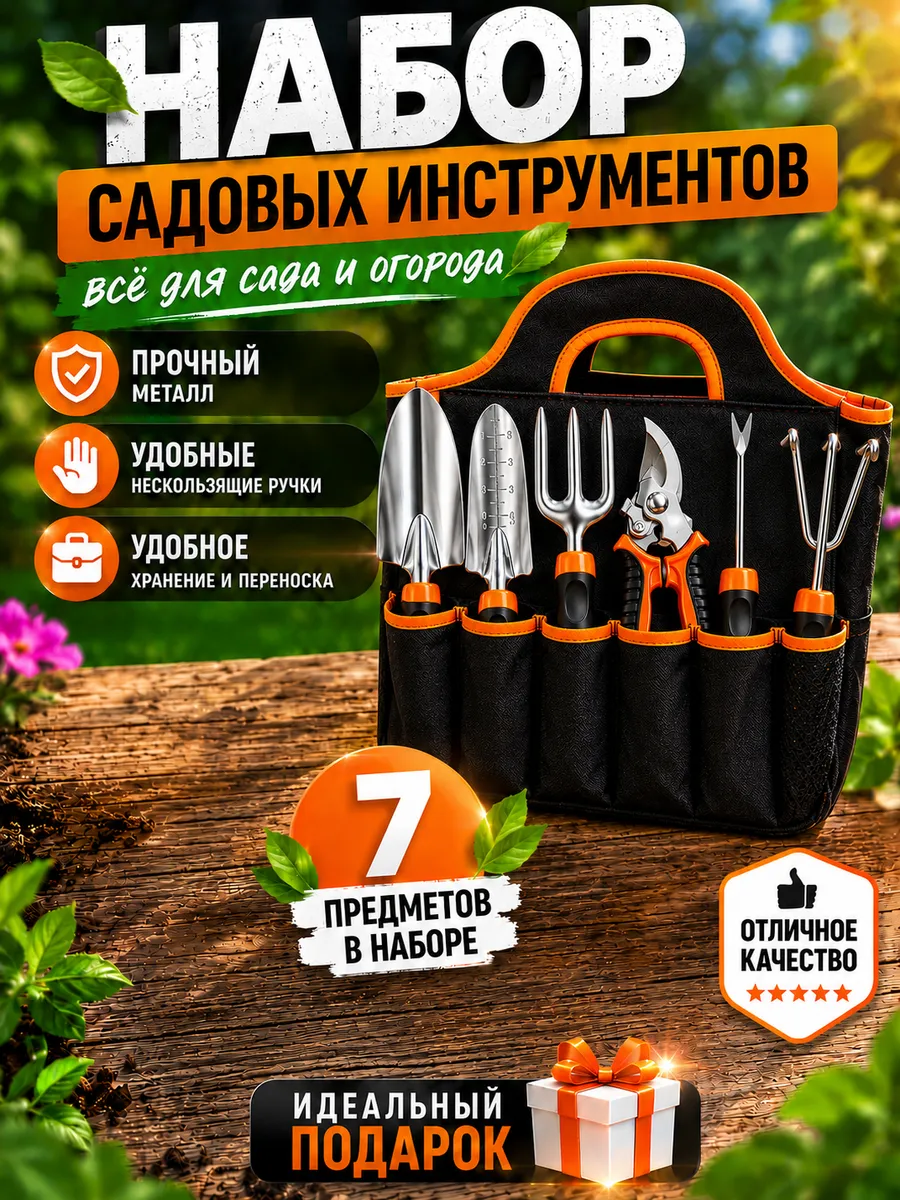Набор садовых инструментов с сумкой, 7в1