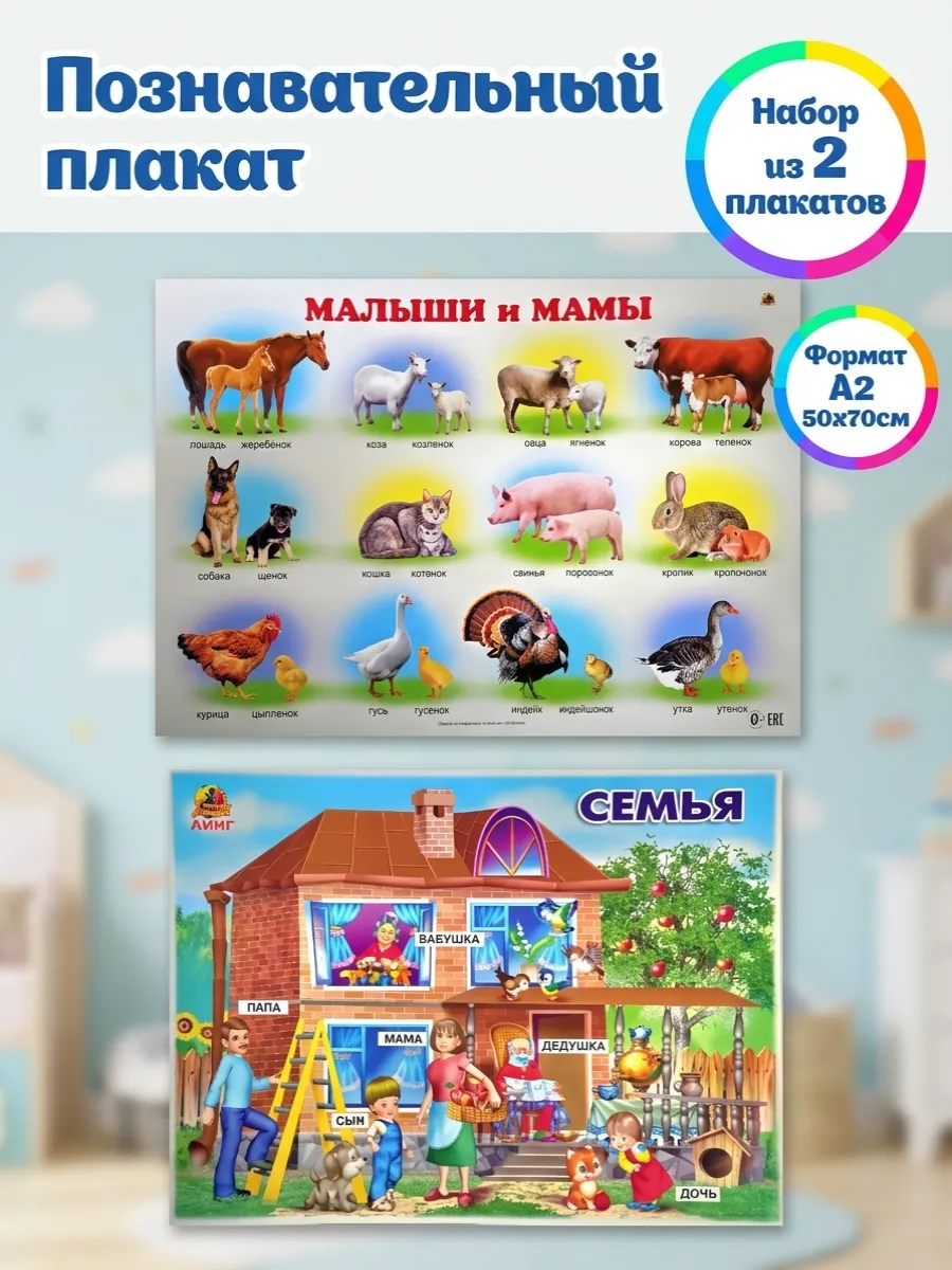 Детские плакаты на стену животные семья обучающий