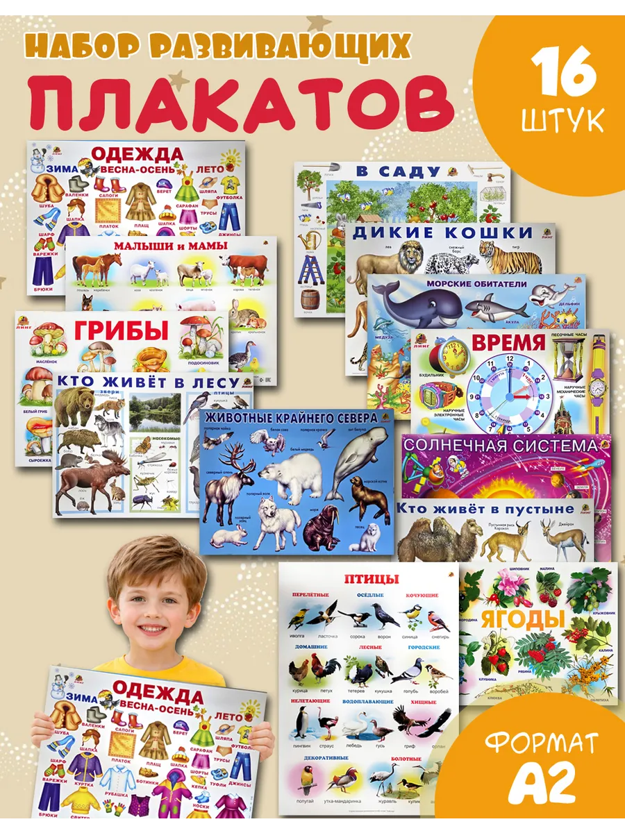 Обучающие учебные плакаты для детского сада набор 16шт A2