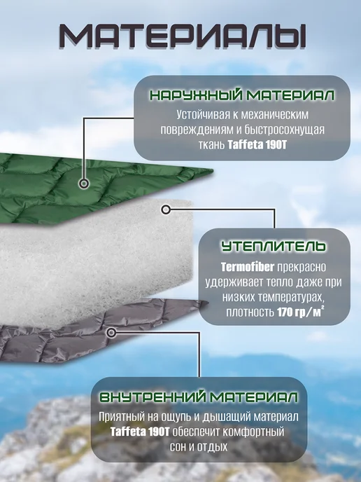 AMI Спальный мешок-одеяло туристический теплый легкий, зеленый, фото 3