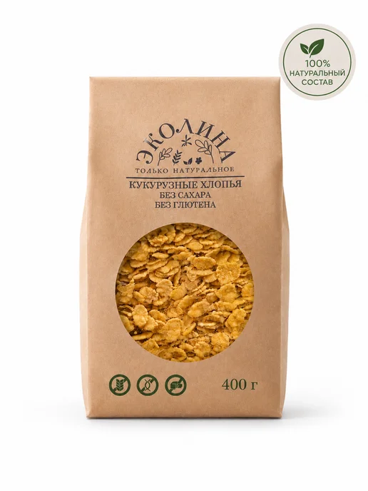 ЭКОЛИНА Кукурузные хлопья без глютена, без сахара. 400г, 400 г, фото 4